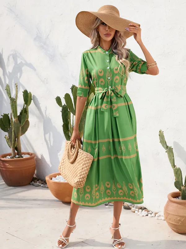Women's Printed Three-quarter-sleeve Shirred-waist Crepe Maxi Dress