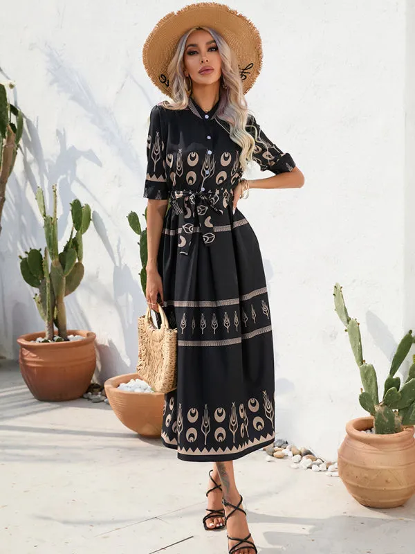 Women's Printed Three-quarter-sleeve Shirred-waist Crepe Maxi Dress