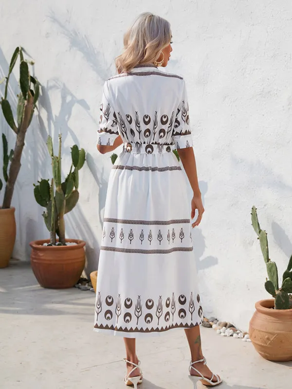 Women's Printed Three-quarter-sleeve Shirred-waist Crepe Maxi Dress