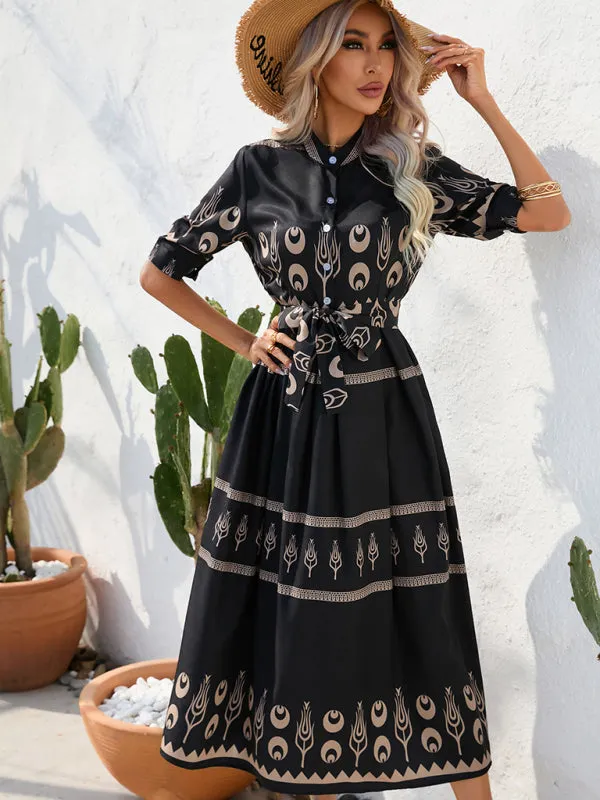 Women's Printed Three-quarter-sleeve Shirred-waist Crepe Maxi Dress