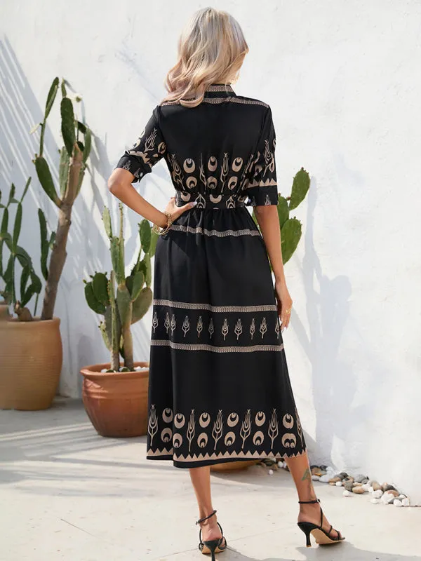 Women's Printed Three-quarter-sleeve Shirred-waist Crepe Maxi Dress