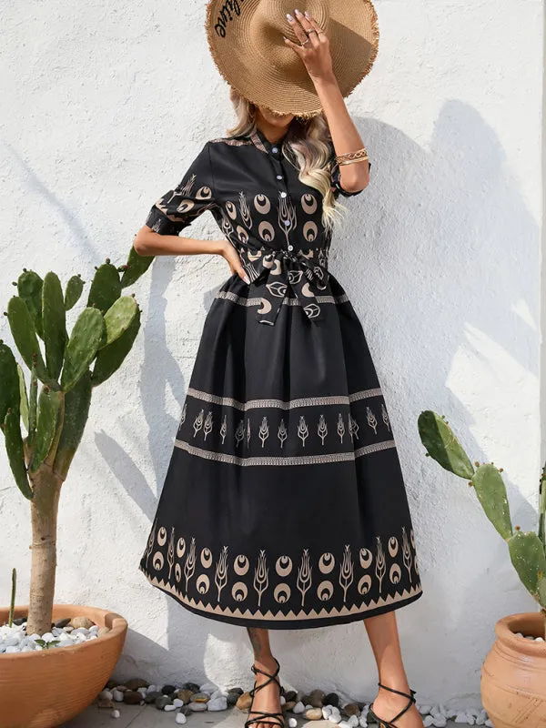 Women's Printed Three-quarter-sleeve Shirred-waist Crepe Maxi Dress