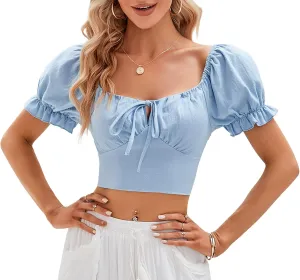 Womens Puff Short Sleeve Crop Tops Square Neck Ruched Front Bow Tie Shirts Cute Summer Vocation Beach Blouse