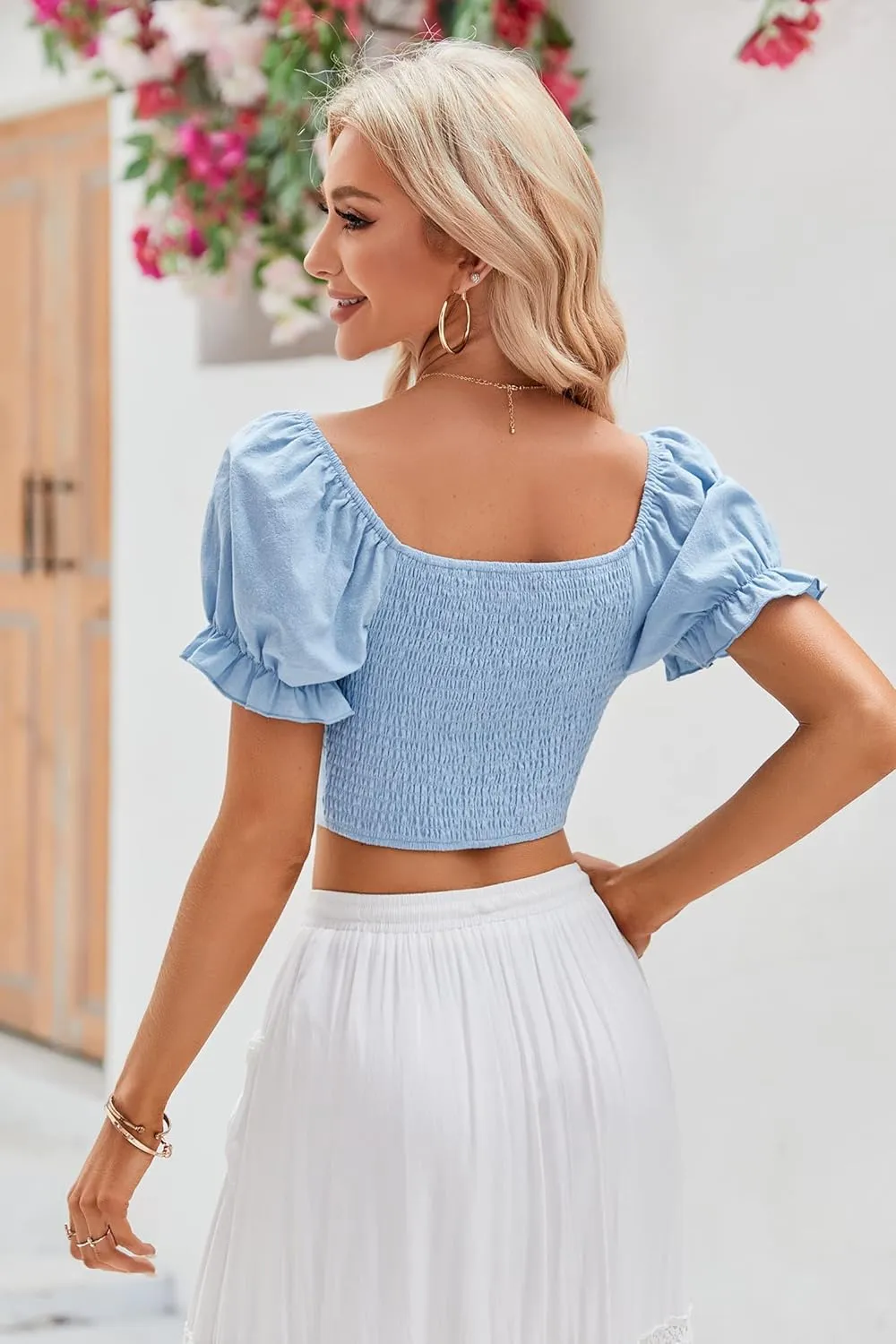 Womens Puff Short Sleeve Crop Tops Square Neck Ruched Front Bow Tie Shirts Cute Summer Vocation Beach Blouse