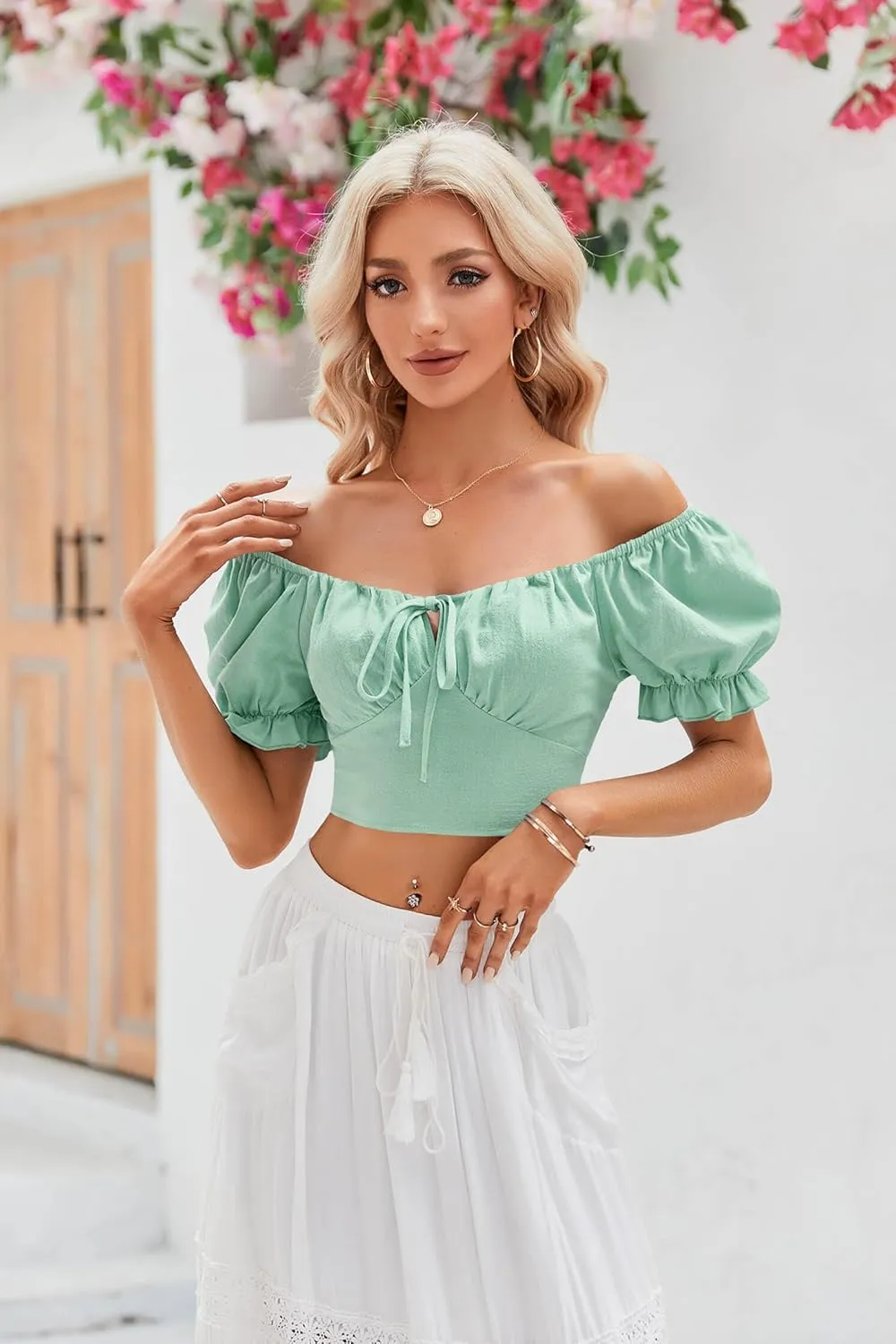 Womens Puff Short Sleeve Crop Tops Square Neck Ruched Front Bow Tie Shirts Cute Summer Vocation Beach Blouse