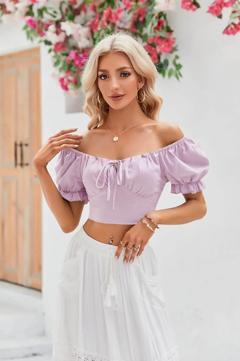 Womens Puff Short Sleeve Crop Tops Square Neck Ruched Front Bow Tie Shirts Cute Summer Vocation Beach Blouse