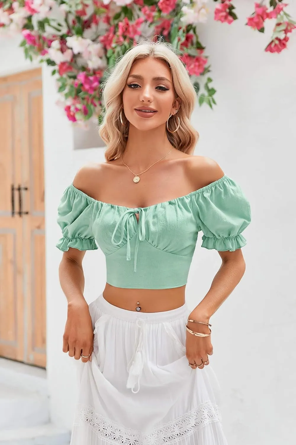 Womens Puff Short Sleeve Crop Tops Square Neck Ruched Front Bow Tie Shirts Cute Summer Vocation Beach Blouse