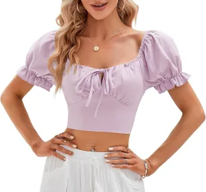 Womens Puff Short Sleeve Crop Tops Square Neck Ruched Front Bow Tie Shirts Cute Summer Vocation Beach Blouse