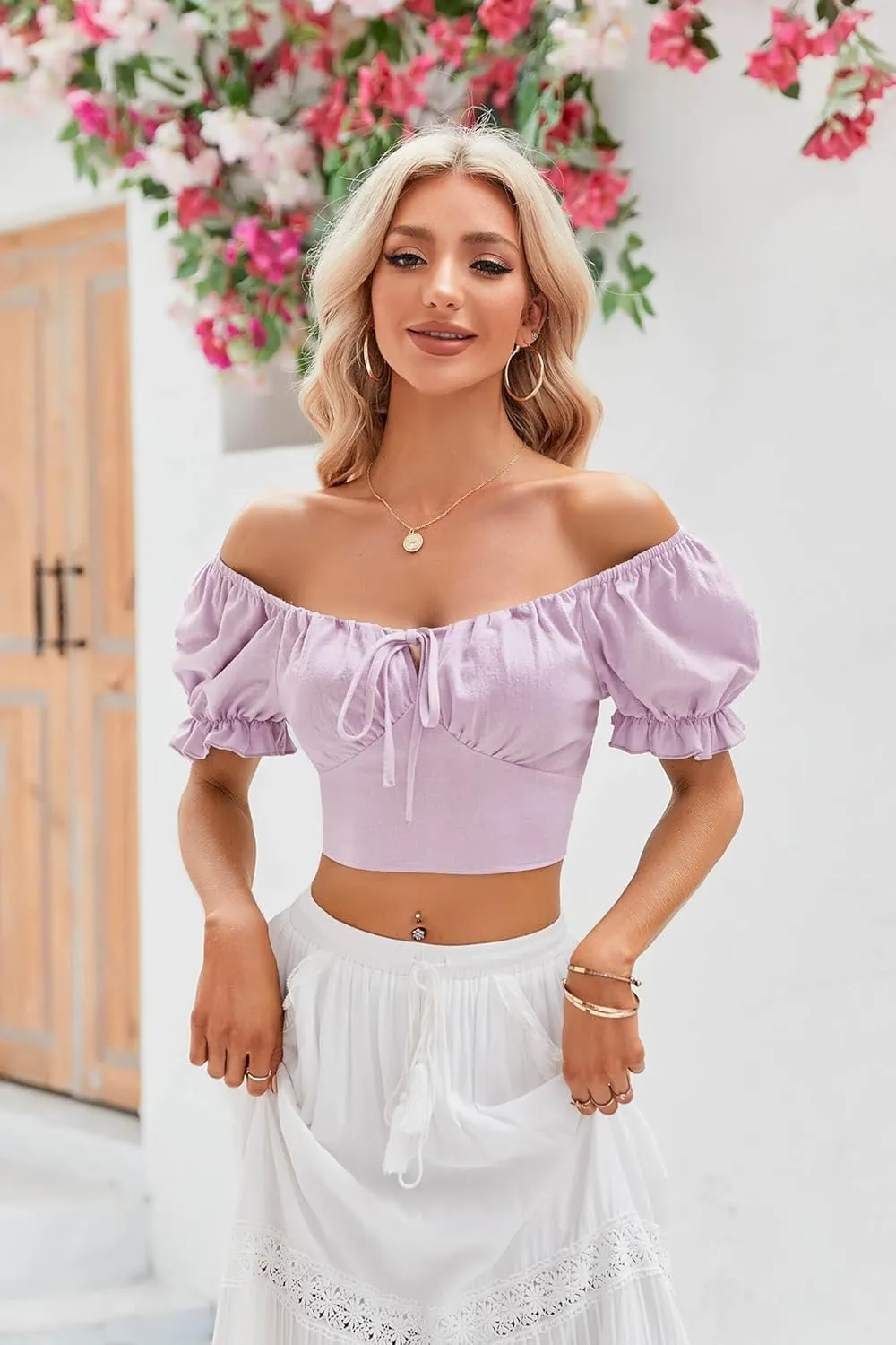 Womens Puff Short Sleeve Crop Tops Square Neck Ruched Front Bow Tie Shirts Cute Summer Vocation Beach Blouse