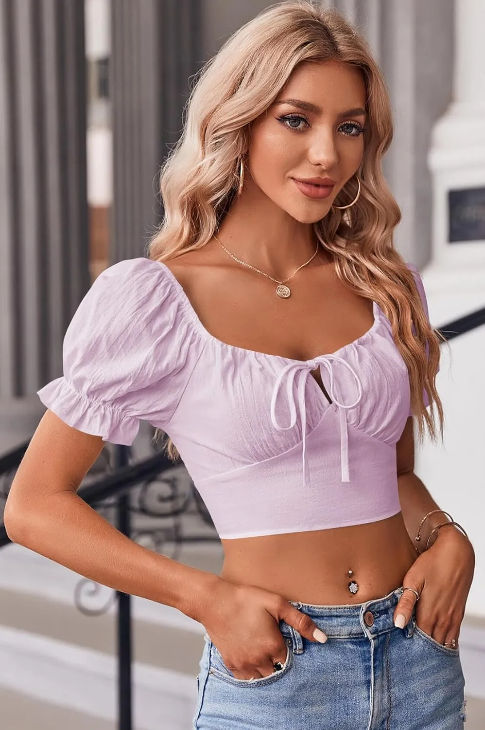 Womens Puff Short Sleeve Crop Tops Square Neck Ruched Front Bow Tie Shirts Cute Summer Vocation Beach Blouse