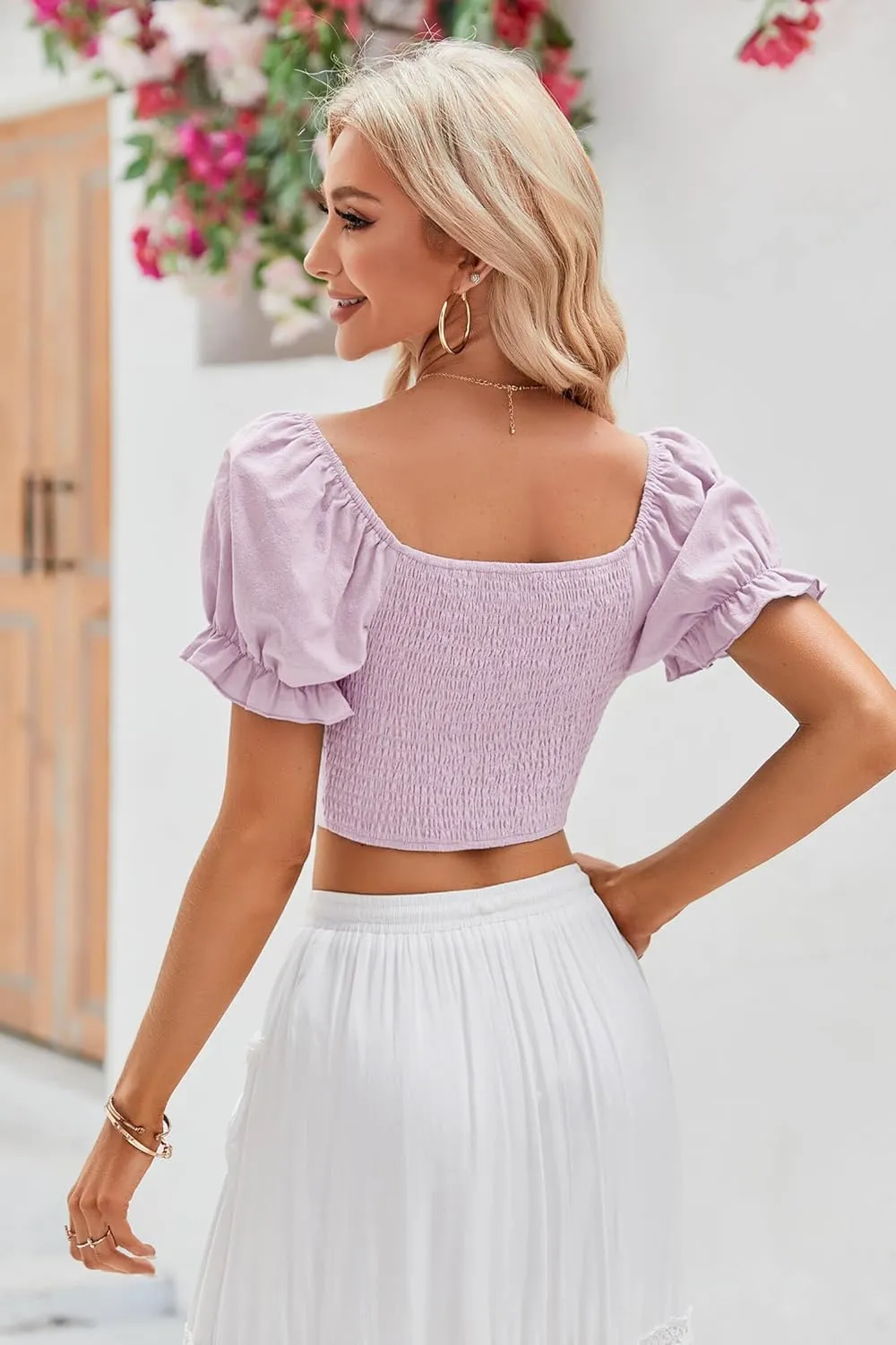 Womens Puff Short Sleeve Crop Tops Square Neck Ruched Front Bow Tie Shirts Cute Summer Vocation Beach Blouse