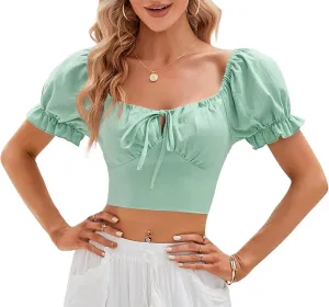 Womens Puff Short Sleeve Crop Tops Square Neck Ruched Front Bow Tie Shirts Cute Summer Vocation Beach Blouse