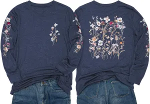 Women's Sleeve Print Flowers T-Shirt Casual Long Sleeve Boho Wildflowers Vintage Botanical Floral Nature Tees Tops