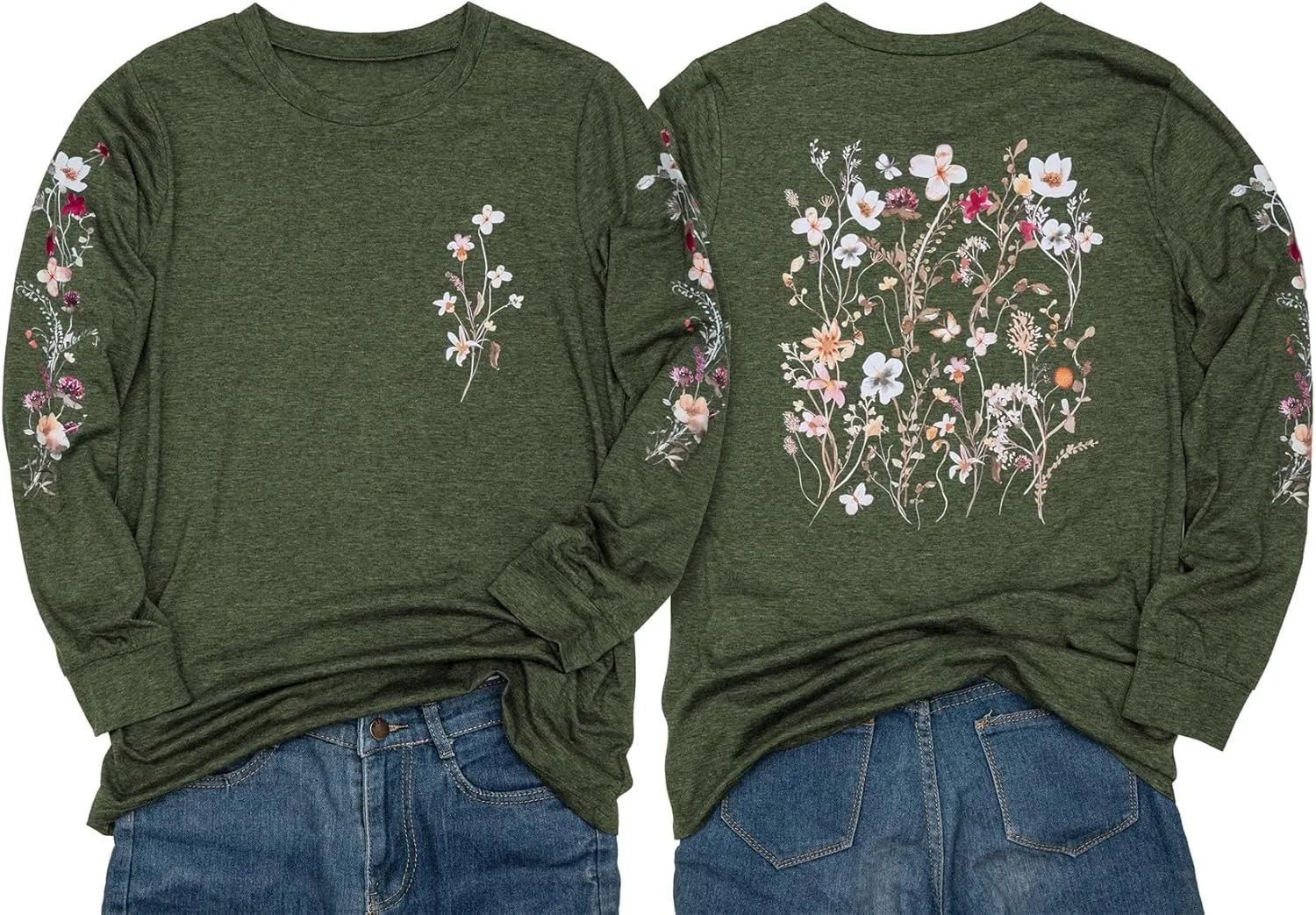 Women's Sleeve Print Flowers T-Shirt Casual Long Sleeve Boho Wildflowers Vintage Botanical Floral Nature Tees Tops
