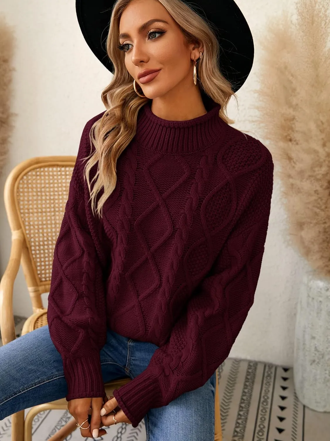 Womens Turtleneck Oversized Pullover Sweaters Cable Knit Batwing Long Sleeve Loose Fit Chunky Jumper Tops