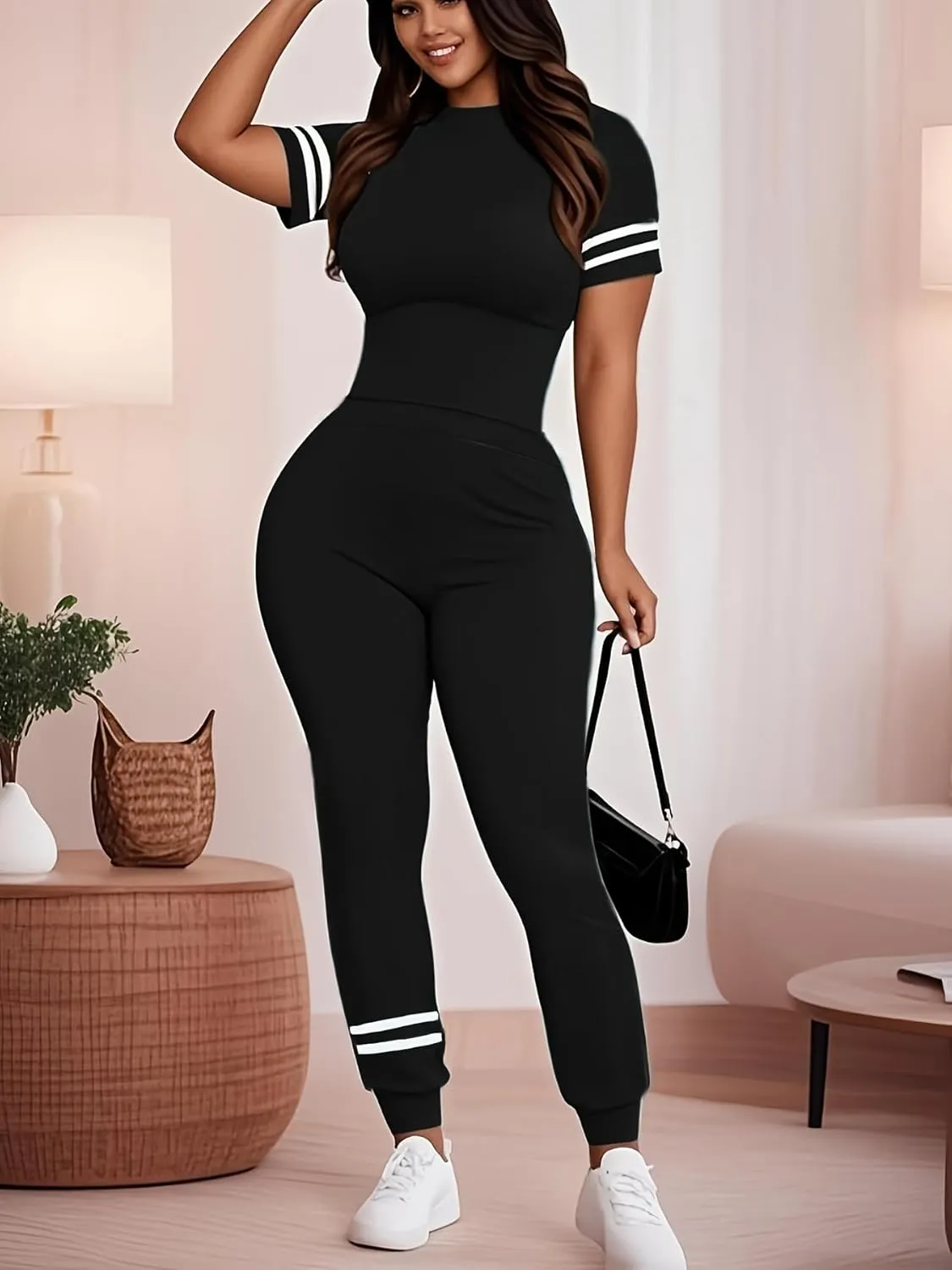Women's Two Piece Outfits Short Sleeve Pullover with Drawstring Long Pants Tracksuit Pajama Lounge Jogger Sets