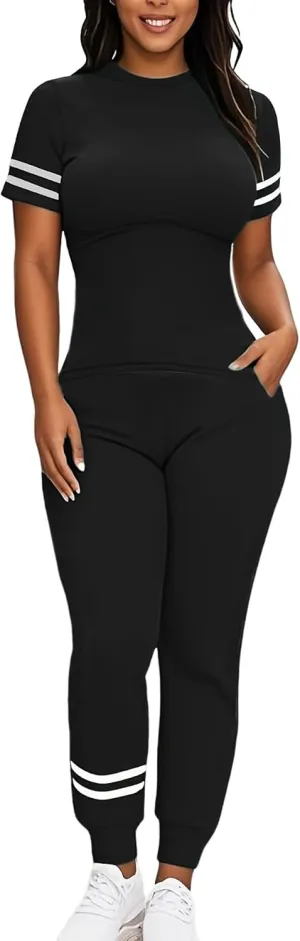Women's Two Piece Outfits Short Sleeve Pullover with Drawstring Long Pants Tracksuit Pajama Lounge Jogger Sets