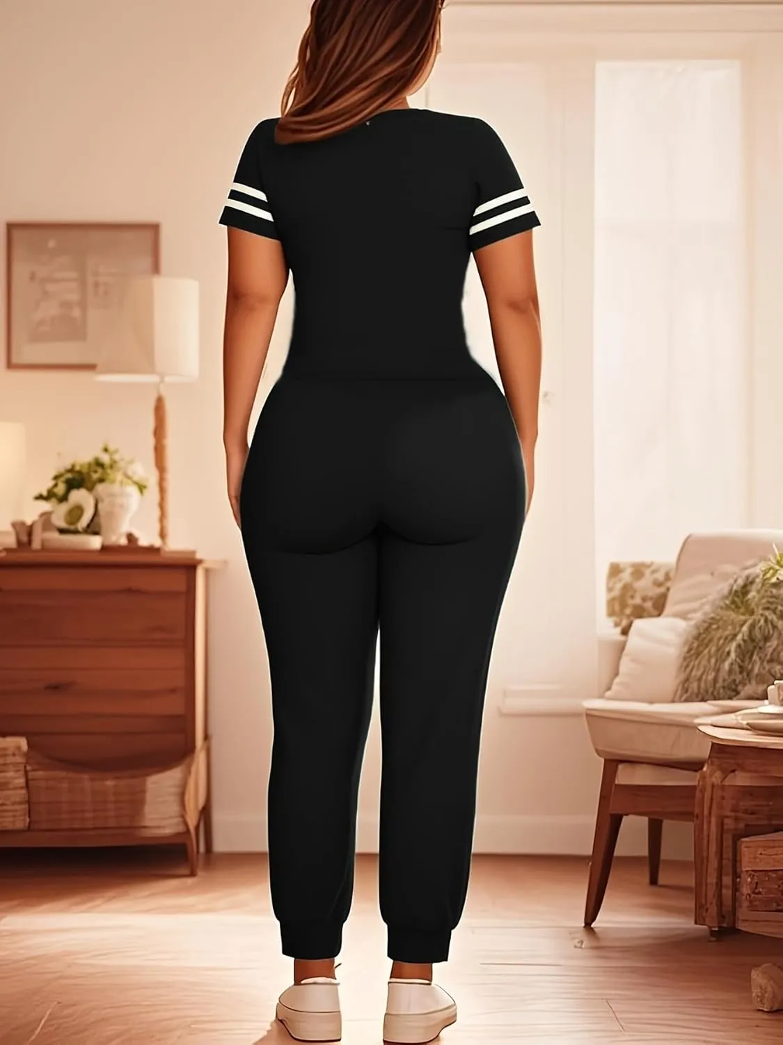 Women's Two Piece Outfits Short Sleeve Pullover with Drawstring Long Pants Tracksuit Pajama Lounge Jogger Sets