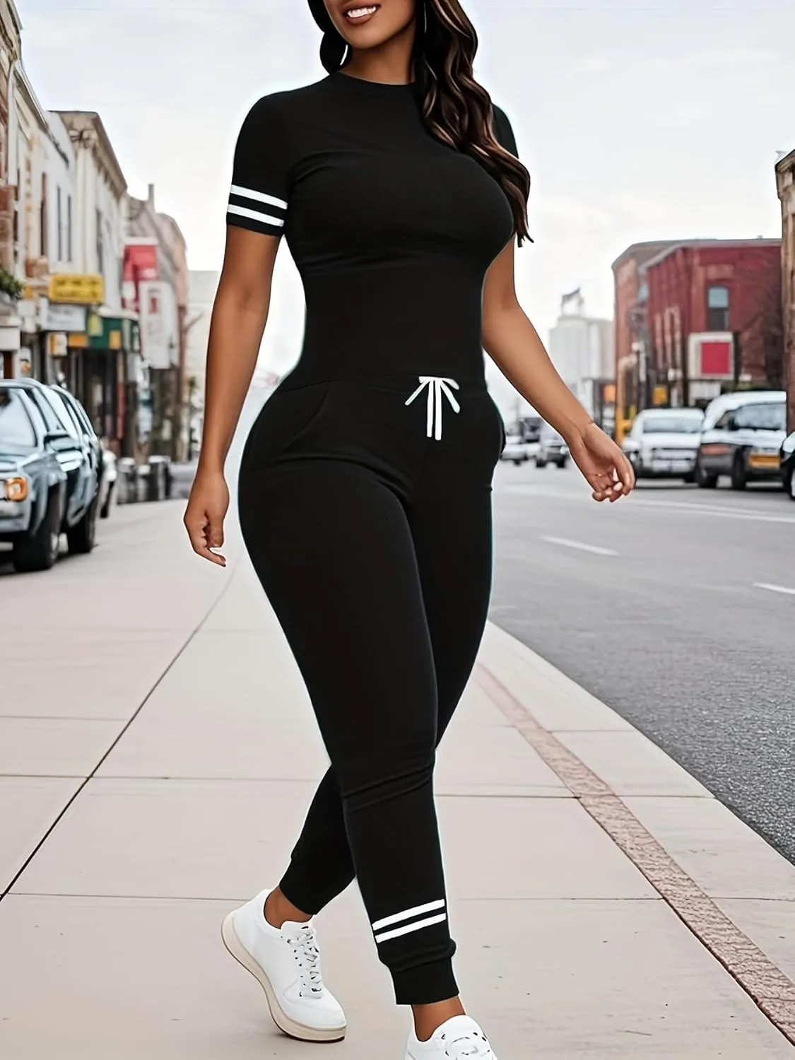 Women's Two Piece Outfits Short Sleeve Pullover with Drawstring Long Pants Tracksuit Pajama Lounge Jogger Sets
