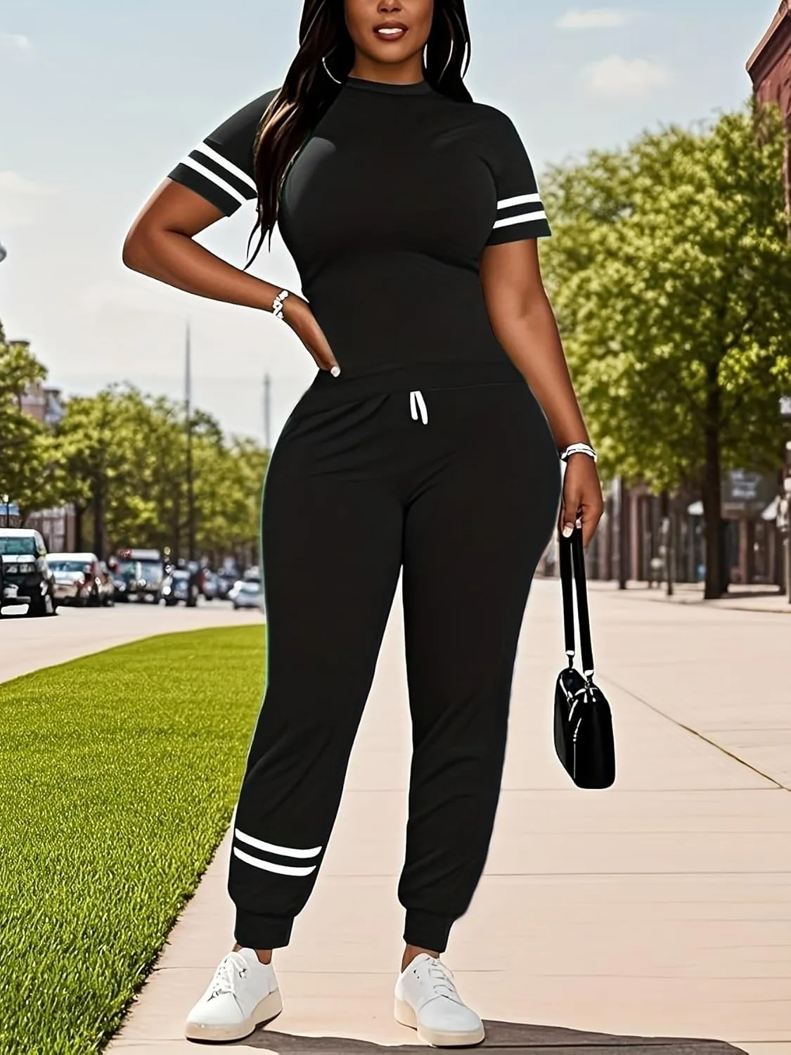 Women's Two Piece Outfits Short Sleeve Pullover with Drawstring Long Pants Tracksuit Pajama Lounge Jogger Sets