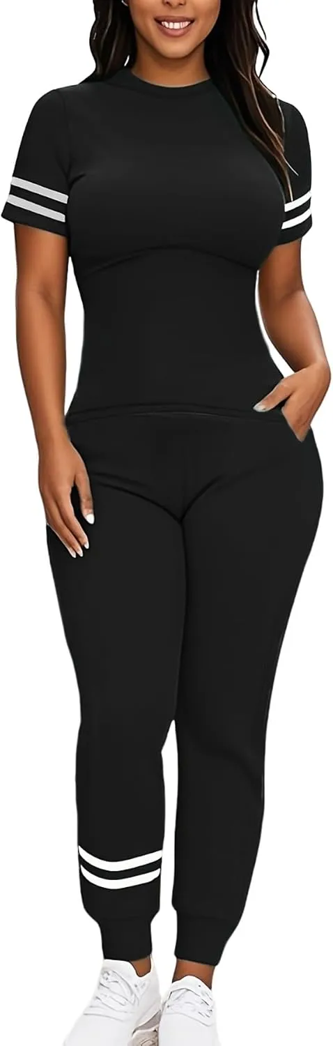 Women's Two Piece Outfits Short Sleeve Pullover with Drawstring Long Pants Tracksuit Pajama Lounge Jogger Sets