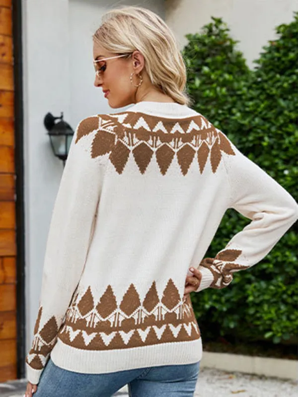 Women's Vintage Jacquard Sweater Women's Round Neck Long Sleeve Pullover Sweater