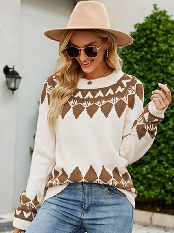 Women's Vintage Jacquard Sweater Women's Round Neck Long Sleeve Pullover Sweater