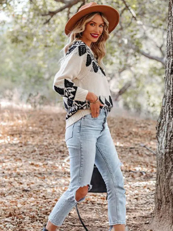 Women's Vintage Jacquard Sweater Women's Round Neck Long Sleeve Pullover Sweater