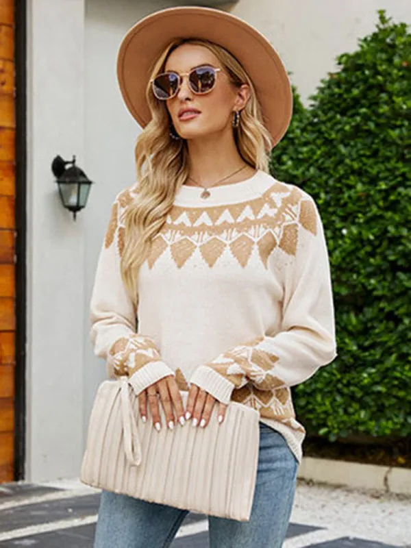 Women's Vintage Jacquard Sweater Women's Round Neck Long Sleeve Pullover Sweater