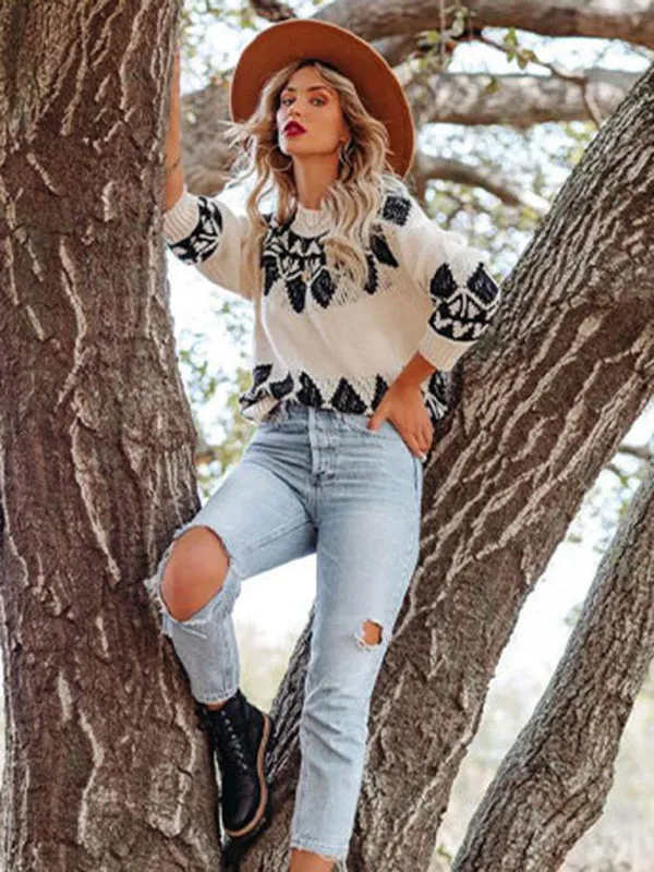 Women's Vintage Jacquard Sweater Women's Round Neck Long Sleeve Pullover Sweater