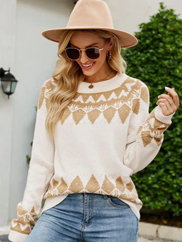 Women's Vintage Jacquard Sweater Women's Round Neck Long Sleeve Pullover Sweater