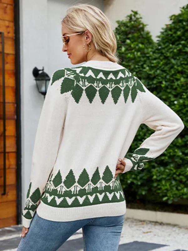 Women's Vintage Jacquard Sweater Women's Round Neck Long Sleeve Pullover Sweater