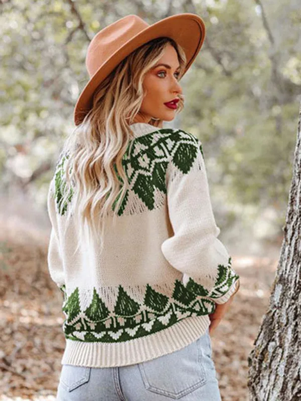Women's Vintage Jacquard Sweater Women's Round Neck Long Sleeve Pullover Sweater