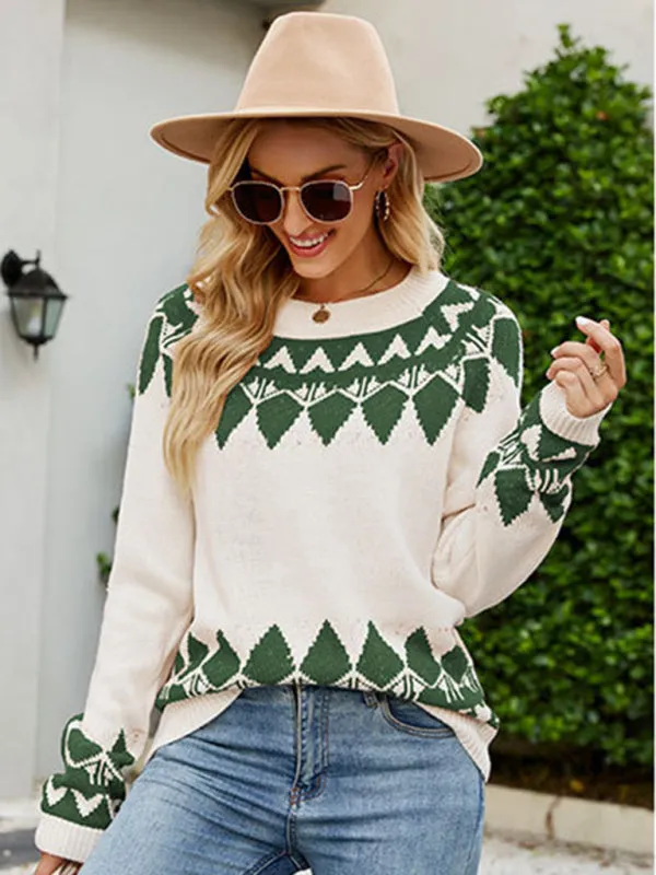 Women's Vintage Jacquard Sweater Women's Round Neck Long Sleeve Pullover Sweater