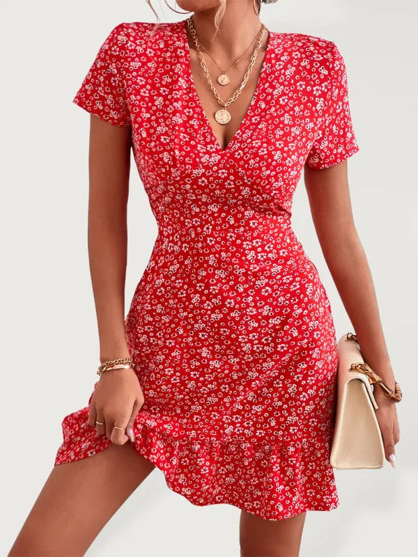 Women's Woven V Neck Short Sleeve Printed Dress