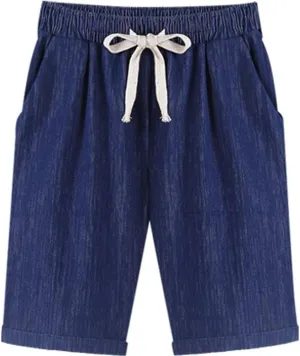XinYangNi Women's Elastic Waist Casual Comfy Cotton Linen Beach Shorts with Drawstring Knee Length Curling Bermuda Shorts