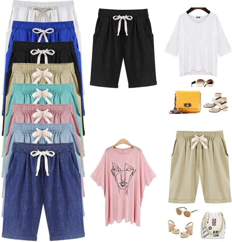 XinYangNi Women's Elastic Waist Casual Comfy Cotton Linen Beach Shorts with Drawstring Knee Length Curling Bermuda Shorts