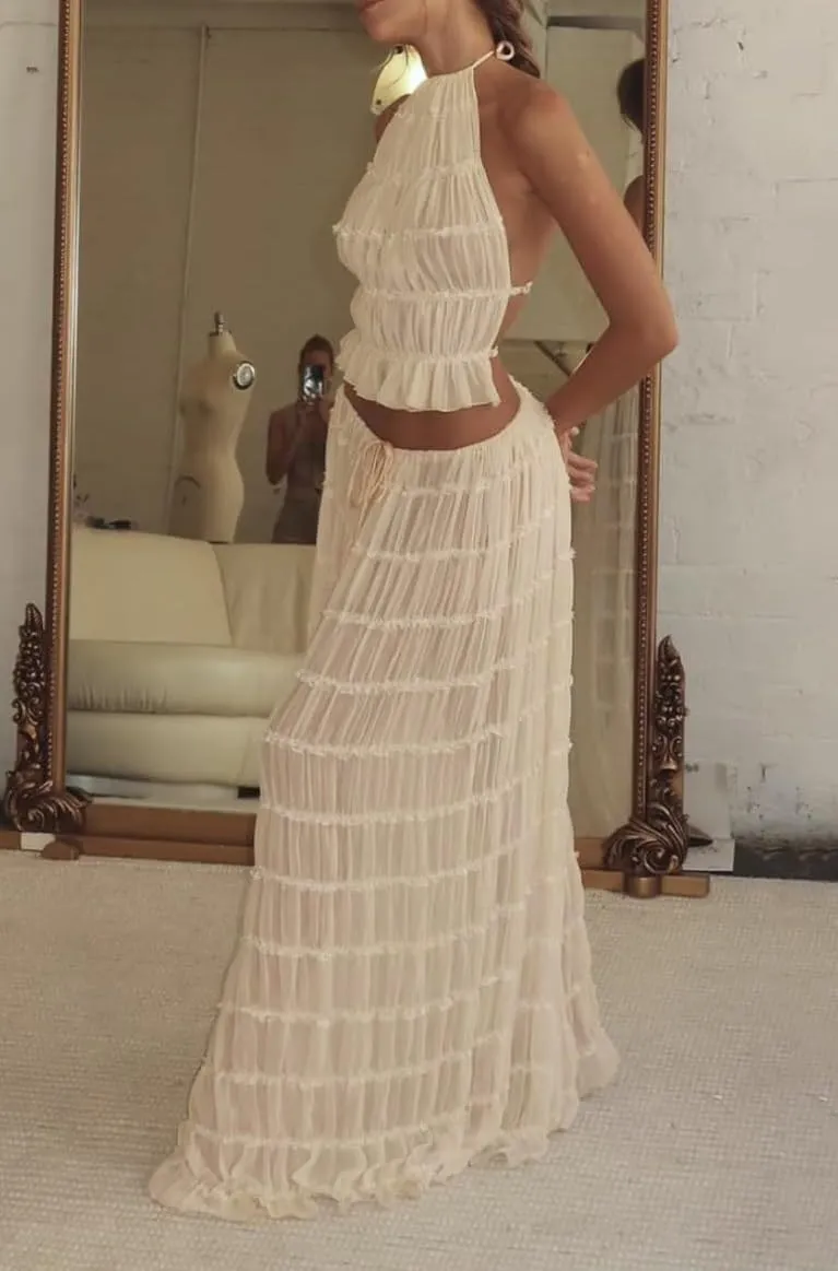 Y2k Maxi Skirt Set for Women Backless Lace Halter Top and Pleated Flowy Skirt Sets Beach Sheer Dress 2 Piece Outfit