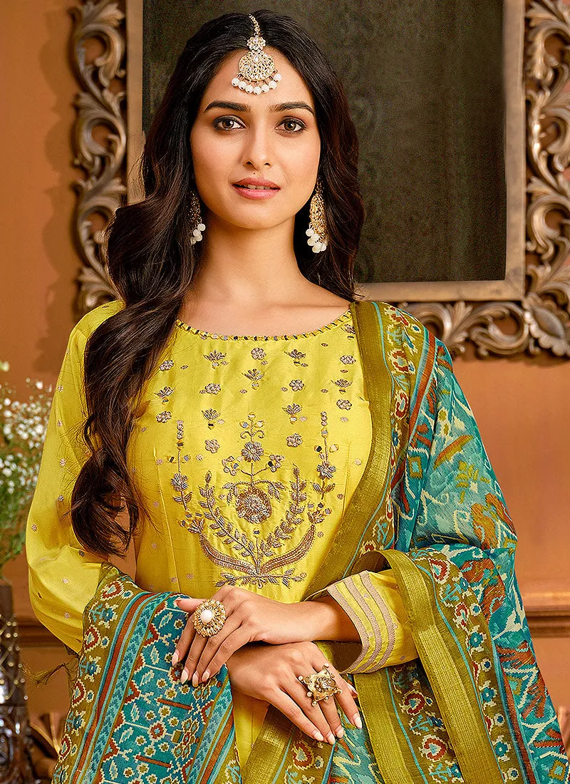 Yellow And Blue Embroidered Silk Anarkali Suit
