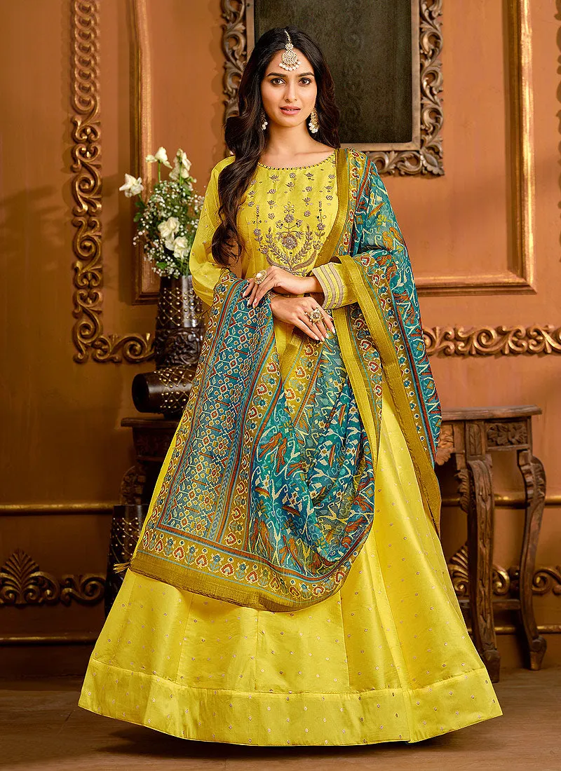 Yellow And Blue Embroidered Silk Anarkali Suit
