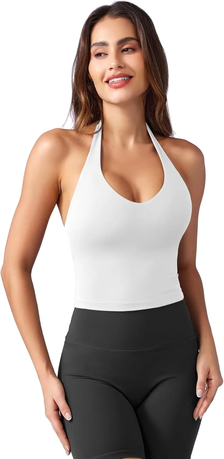YEOREO Women's Halter Crop Top V Neck Workout Going Out Tank Top Hazel Padded Sleeveless Backless Trendy Summer Camisole