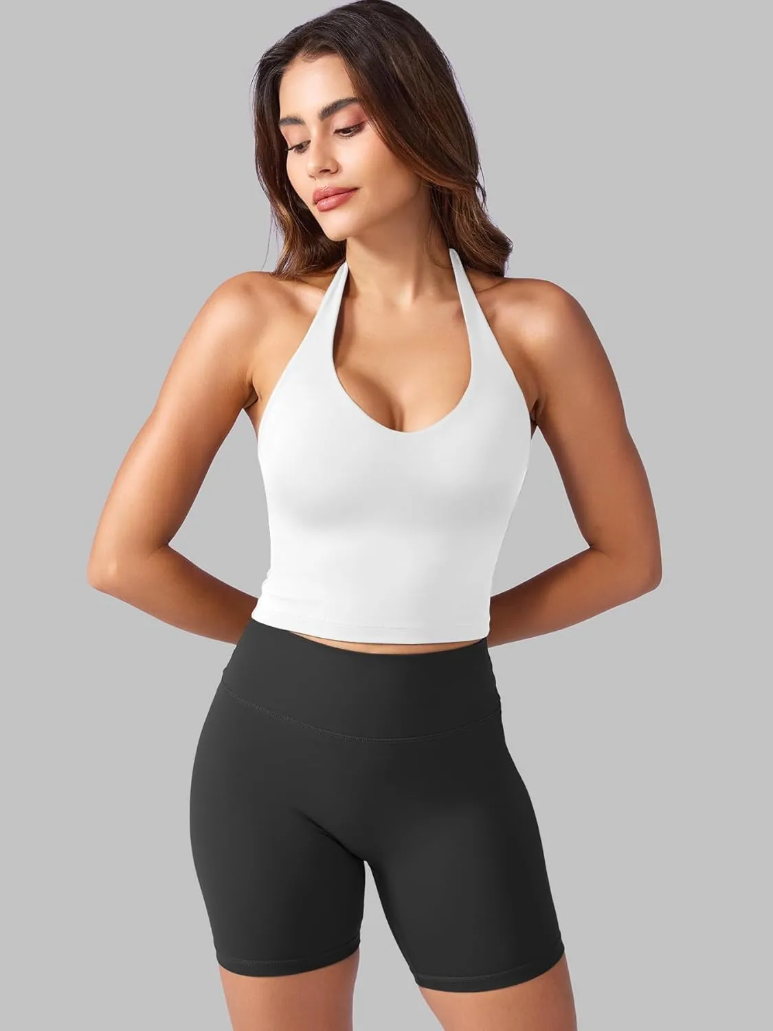 YEOREO Women's Halter Crop Top V Neck Workout Going Out Tank Top Hazel Padded Sleeveless Backless Trendy Summer Camisole