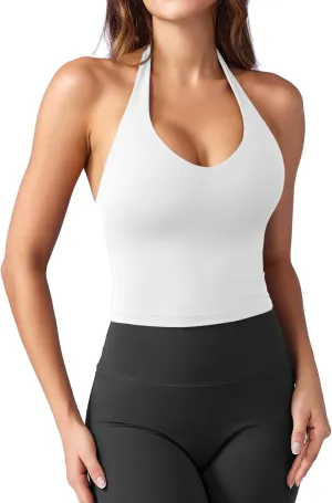 YEOREO Women's Halter Crop Top V Neck Workout Going Out Tank Top Hazel Padded Sleeveless Backless Trendy Summer Camisole